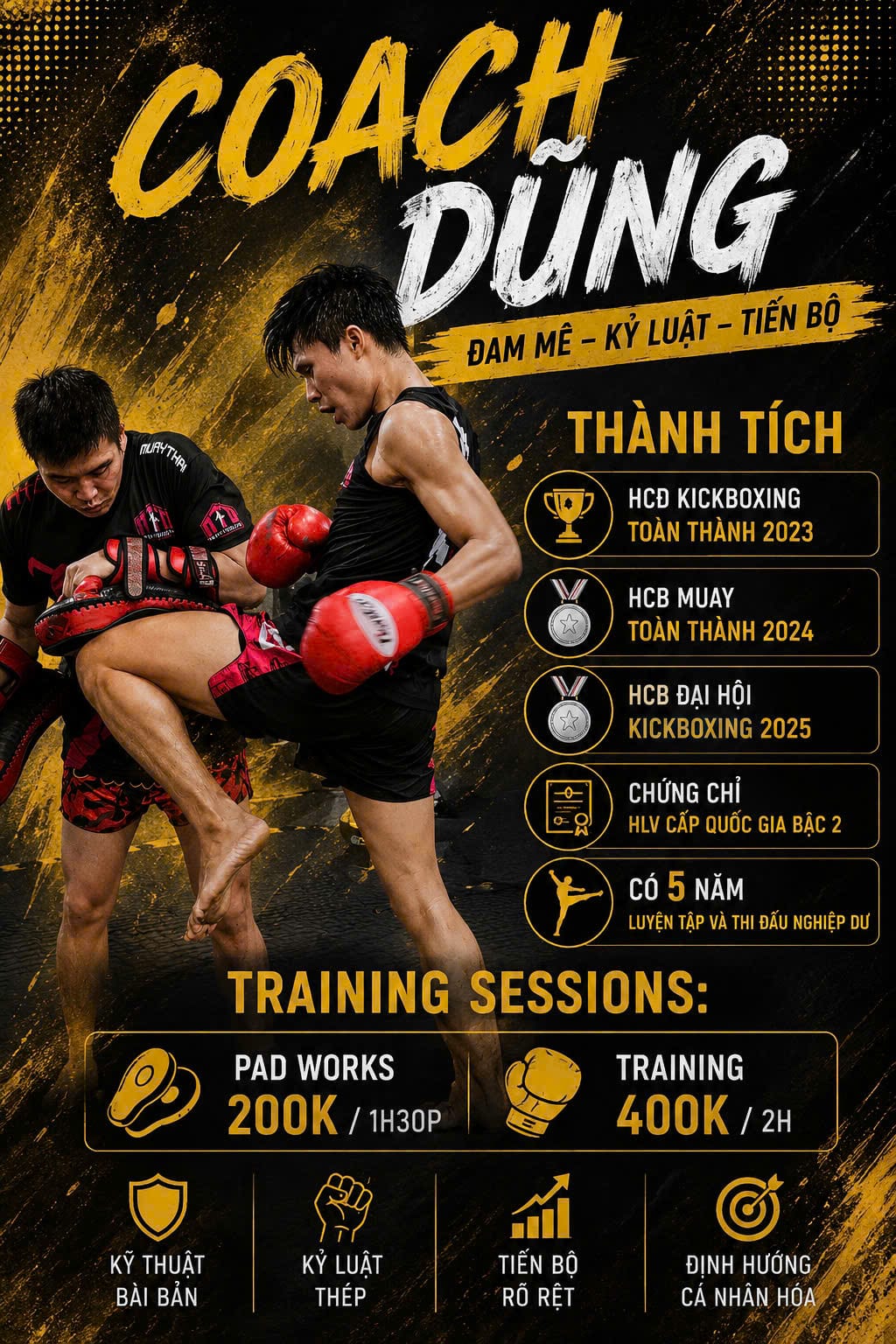 Poster thành tích thi đấu Kickboxing và Muay Thai của Coach Dũng 175 Team